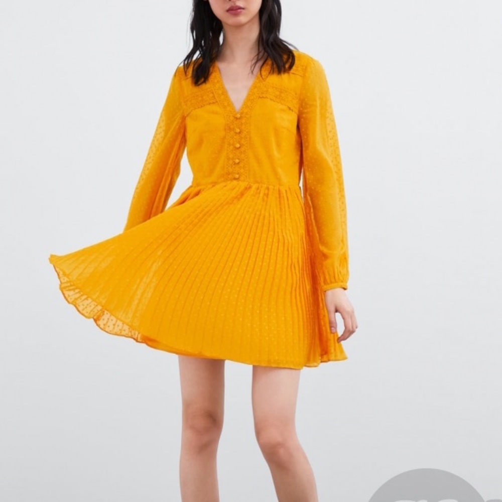 ZARA PLEATED EMBROIDERED PLUMETIS YELLOW MUSTARD DOT DETAIL DRESS NEW WITH TAGS